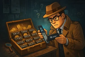 Cartoon detective trying to recover a Ledger hardware wallet after forgetting the PIN, surrounded by Bitcoin icons and random number combinations, symbolizing the frustration of lost crypto access.